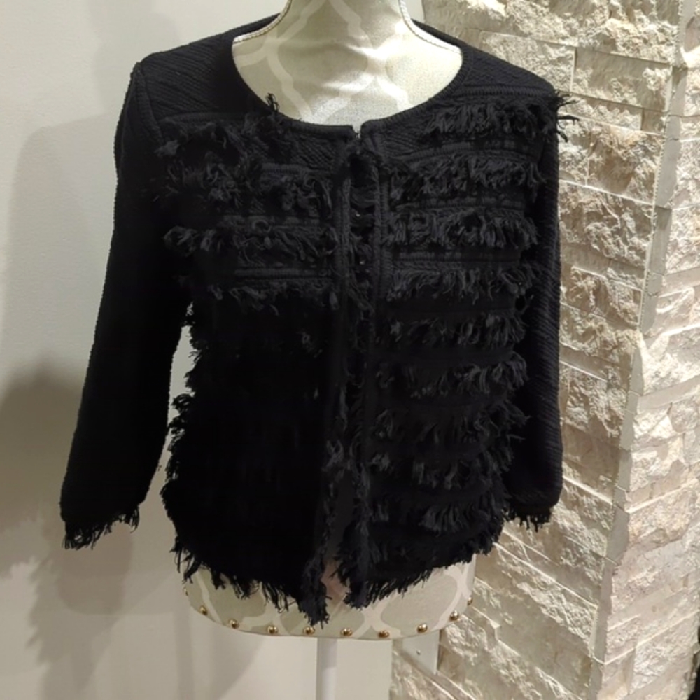 T Tahari Black Fringe Knit Sweater Cardigan